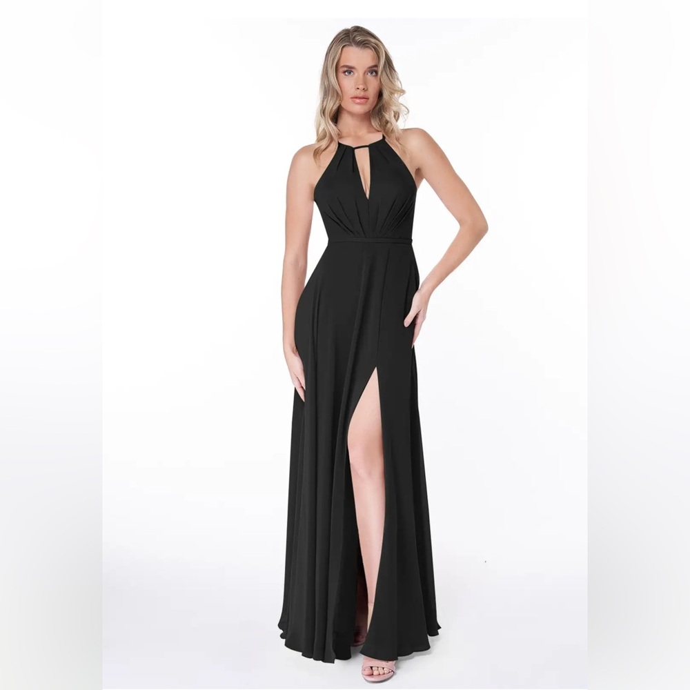 Azazie Black Halter Maxi Dress with Front Slit